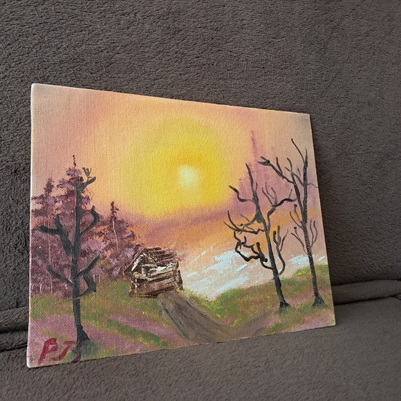 Bob Ross Inspired Cabin in the Woods Lakeside Hazy Sun Hand Painted Oil Canvas - Picture 5 of 6